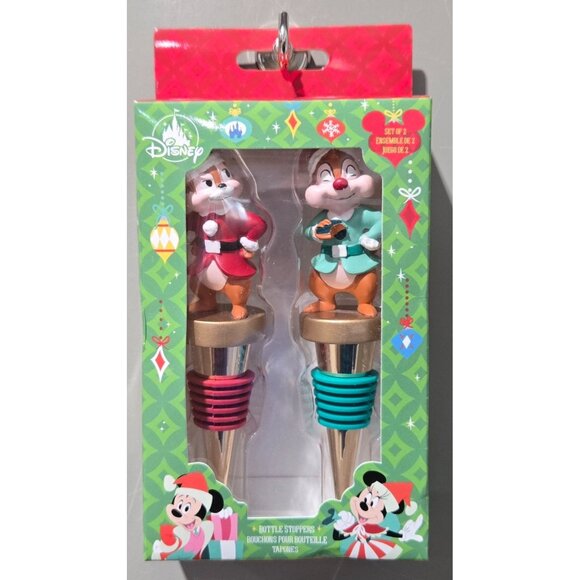 Disney Chip 'n Dale Holiday Christmas Themed 2 Gold Bottle Stopper Set - Picture 2 of 9